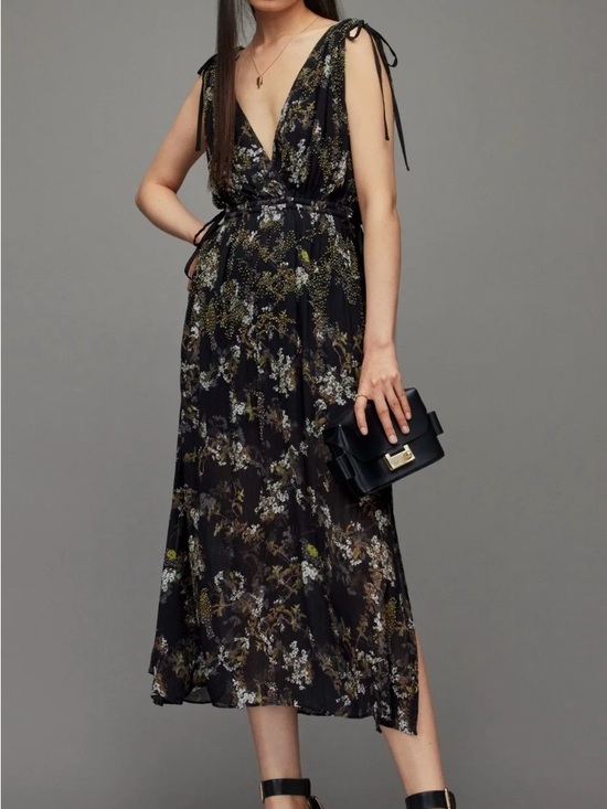 All Saints Dresses & Skirts - AllSaints Black Floral Midi Dress with Tie Shoulders